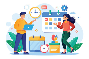 A man and woman engage in a conversation about time management, showcasing calendars and clocks, Two people with time and calendar trending