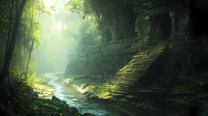 Obraz premium A narrow river winding through an ancient jungle temple, partially hidden by vines. Ancient Wound. Illustration