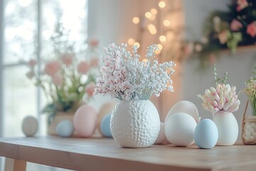 Obraz premium Pastel Spring Table Decor with Eggs and Floral Vases