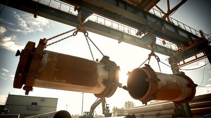 Industrial crane lifting large metal pipes in a manufacturing facility. Construction underway