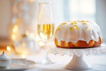 Fototapeta premium Elegant Easter cake with icing and gold accents on glass stand, festive Slavonic dessert for seasonal celebration