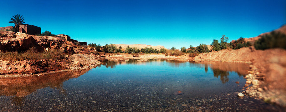 Panoramic view of Merzouga village in the Oasis village of Hassilabied in south-east Morocco.