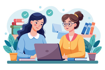 Two women are focused on studying together with a laptop, books, and houseplants around them, two women are studying online