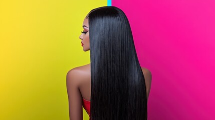 Elegant Portrait of a Woman with Long Black Hair Against Bright Backgrounds