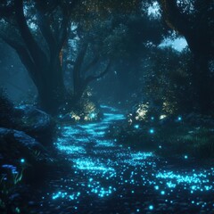 Enchanted Forest Pathway with Glowing Lights at Dusk