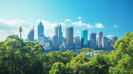 Fototapeta premium Modern City Skyline with Lush Green Trees