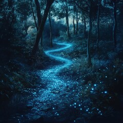 Obraz premium Enchanted Forest Path Illuminated by Glowing Blue Fireflies