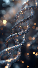  A glowing white gold silver DNA strand with sparkling light effects, symbolizing innovation, genetics, and the complexity of life at the molecular level, radiating energy and scientific beauty