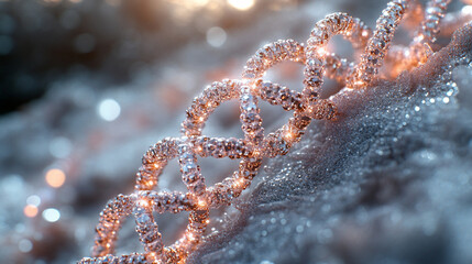  A glowing white gold silver DNA strand with sparkling light effects, symbolizing innovation, genetics, and the complexity of life at the molecular level, radiating energy and scientific beauty