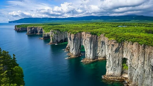 Majestic coastal cliffs rise above crystal clear waters in a breathtaking landscape at sunset in Japan