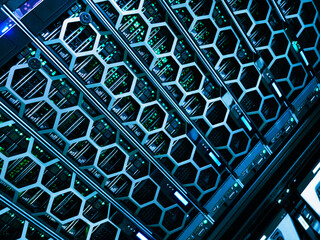 Modern Data Center Server Racks with Green LED Lights and Design
