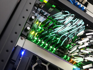 Server Rack with Network Cables and LED Indicators for Data Center