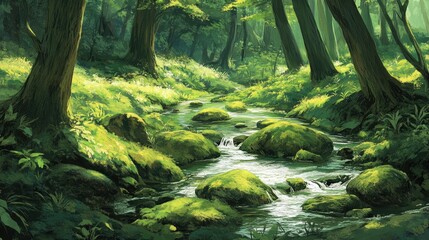 Serene Forest Stream Flowing Through Mossy Rocks