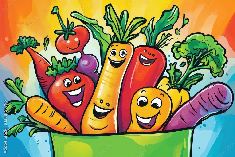 Poster vegetables joyfully leaping from a bright shopping bag in a whimsical and playful illustration gener