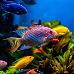 tropical Malawi cichlid fish swimming gracefully in a vibrant aquarium