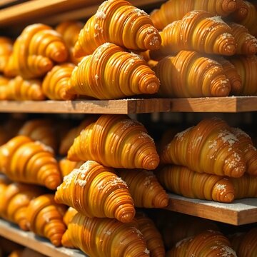 Croissants are perfectly baked, glistening with buttery sheen. Bakers struggle under oversized croiss