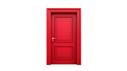 A single red door with a silver handle centered against a stark black background spaceisolated on transparent background	