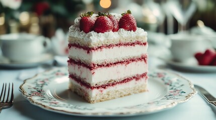 Crimson strawberry shortcake monochromatic tea party setting whipped cream layer