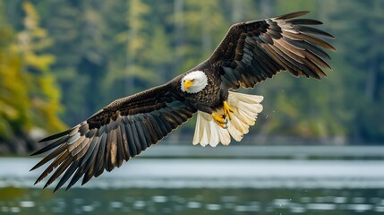 Powerful Bald Eagle flying high above a pristine lake its sharp talons extended ready to catch a fish