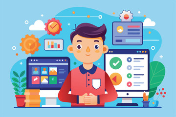 Fototapeta premium A young professional sits in a bright workspace, surrounded by multiple screens displaying UI UX design elements, Ui-ux design Customizable Cartoon Illustration
