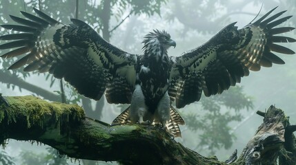 Powerful harpy eagle spreading its massive wings while perched on the thick moss covered branch of a giant kapok tree The misty jungle canopy stretches endlessly behind it