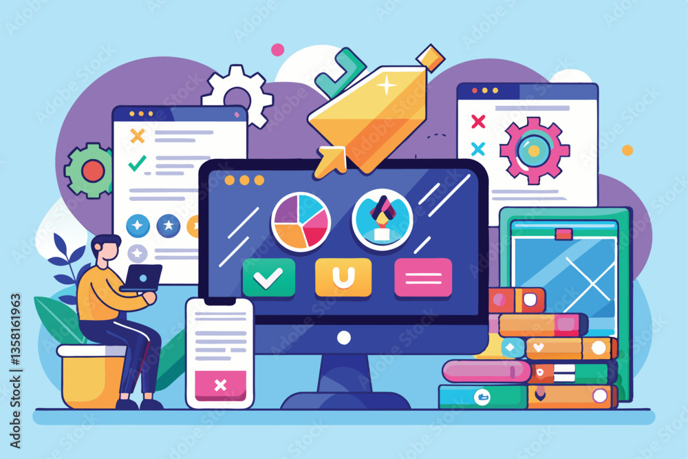 Poster a person studies customizable flat illustrations highlighting differences between ui and ux design c