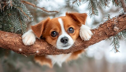 Puppy Hanging Winter Tree Branch.