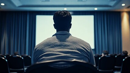 A solitary man sits in a large empty auditorium facing a bright projection screen.