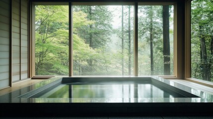 Indoor Hot Tub with Forest View in Modern Japanese Setting