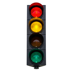 Traffic light with red, yellow and green lights isolated on transparent background