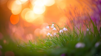 Obraz premium Sunlit spring snowdrops in vibrant bloom against a blurred background.
