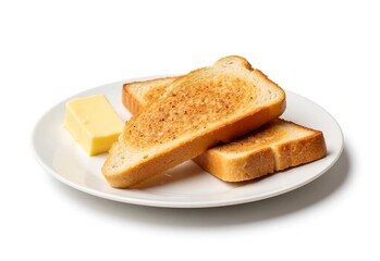 Golden Toast Delight: Three slices of perfectly toasted bread and a block of butter, inviting you into a world of delicious breakfast or a quick snack.