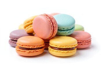 Fototapeta premium A Sweet Symphony: A vibrant medley of colorful macarons, delicately arranged, presenting a delightful treat with a spectrum of hues