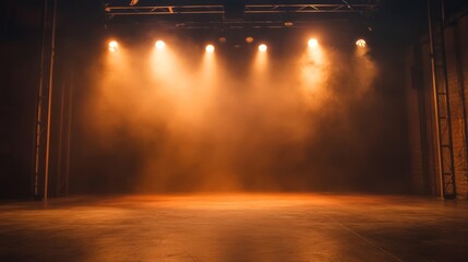 Empty Stage with Warm Orange Spotlights and Haze