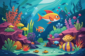 Fototapeta premium Explore a vibrant underwater world filled with colorful fish and lush coral in this engaging illustration, Underwater fish vector illustration