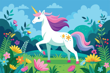 A beautiful unicorn gracefully moves through a vibrant meadow filled with colorful flowers and lush greenery, Unicorn in the meadow with flowers