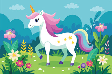 A unicorn wanders through a vibrant meadow, surrounded by various flowers under a bright sky, Unicorn in the meadow with flowers