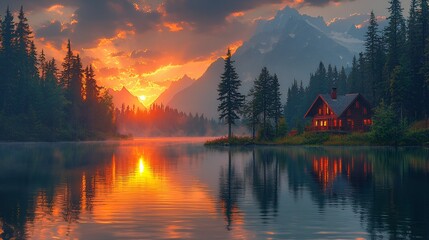 Fototapeta premium Sunrise over alpine lake cabin