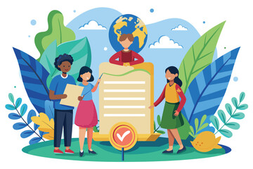 A group of children collaborates to customize the universal declaration of human rights against a colorful backdrop, Universal declaration of human rights Customizable Flat Illustration