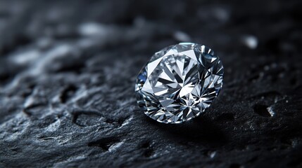 Sparkling Gem: The close-up of a brilliant diamond resting on a textured dark surface, highlighting its facets and creating an image of luxury and beauty.