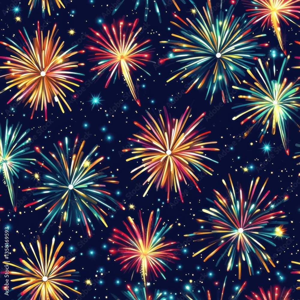 Poster Colorful fireworks bursting in bright light trails create a joyful celebratory pattern against a deep night sky background Generative AI