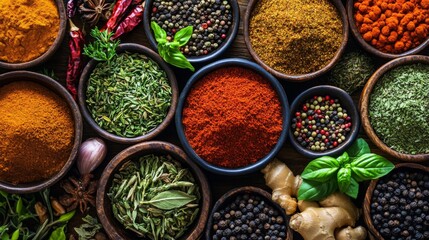 Fototapeta premium Assortment of Colorful Spices and Herbs in Bowls