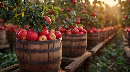 Apples in Wooden Barrels in Orchard at Sunset