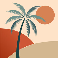Lonely palm tree stands on curved hill at sunset with red sun and soft gradient sky in tropical abstract scene. Concept: nature illustration, travel art, beach decor.