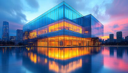Fototapeta premium Contemporary architecture reflecting city lights during twilight hour
