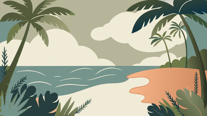 Tropical beach scene with palm trees and calm ocean. Stylized illustration in muted earthy tones reminiscent of vintage travel posters. Concept: travel agency, resort marketing, vacation rentals.