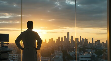 a doctor standing in front of a large hospital window at sunrise, gazing out at the city skyline