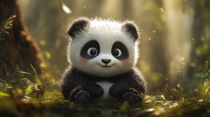 Obraz premium Adorable Cartoon Panda in a Lush Forest