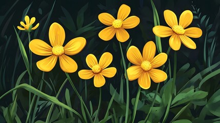 Fototapeta premium Vibrant Yellow Wild Flower Cartoon Illustration for Nature-themed Designs