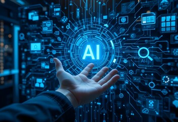 A futuristic AI-driven interface glowing in blue light, symbolizing the role of artificial intelligence in digital transformation. A human hand interacts with the AI system